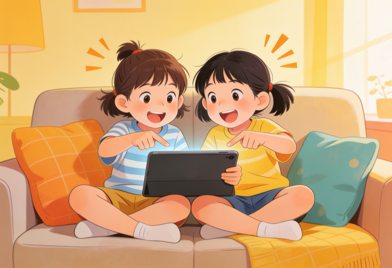 Zwei Kinder schauen begeistert gemeinsam ein Video