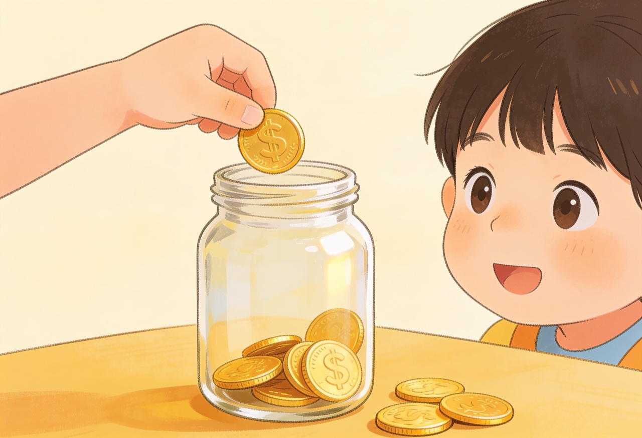 Sparglas mit Muenzen: Kind lernt den Umgang mit Geld